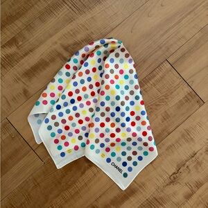 Chanel White Multicolor Polka Dot Silk Scarf